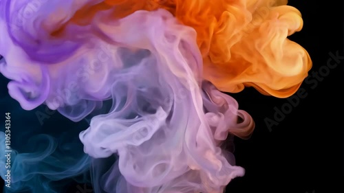 A mesmerizing 3D-rendered cloud of colorful smoke swirling and shifting in dynamic motion, seamlessly fading out with an alpha matte transition at the end of the clip.