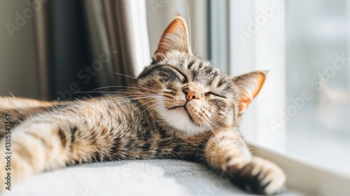 Wallpaper Mural A relaxed tabby cat lounging peacefully in sunlight by a window, showcasing its contentment and cozy surroundings. Torontodigital.ca