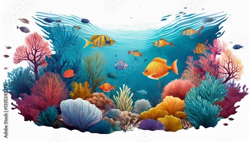 colorful underwater scene with tropical fish and coral reefs on white backgrounds and other aquatic creatures and nature photography images and vibrant colors and textures abundant life healthy