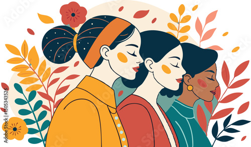 A diverse group of females portrayed with flowers in a paper cut-out style SVG . International Women's AI, Day, EPS, PNG, JPEG File.