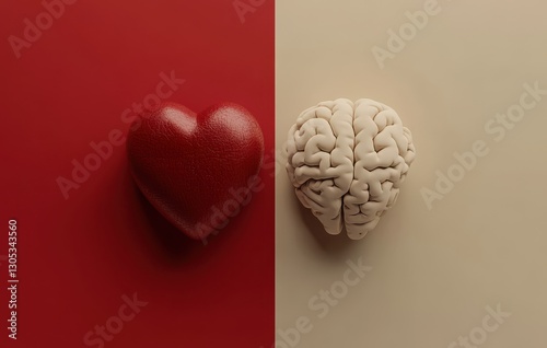 Heart and Brain Conceptual Art Representing Emotion and Logic on Split Background in Red and Beige Tones