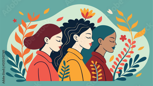 A diverse group of females portrayed with flowers in a paper cut-out style SVG . International Women's AI, Day, EPS, PNG, JPEG File.