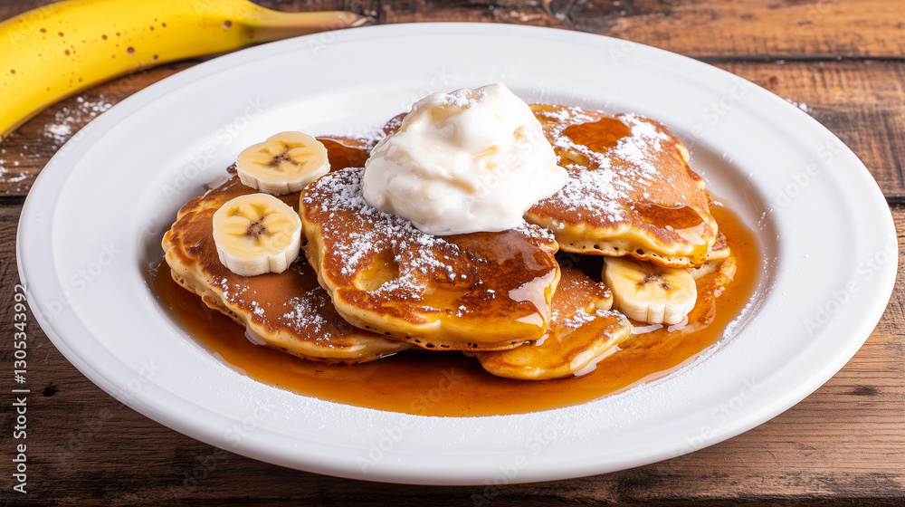 fluffy pancakes with caramelised banana on a rustic wooden table fluffy pancakes with caramelised banana on a rustic wooden table