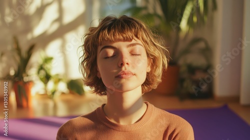 Nadi Shodhana Pranayama Practice by Caucasian Woman with Short Hair at Home photo
