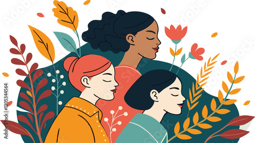 A diverse group of females portrayed with flowers in a paper cut-out style SVG . International Women's AI, Day, EPS, PNG, JPEG File.