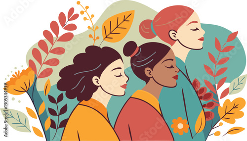 A diverse group of females portrayed with flowers in a paper cut-out style SVG . International Women's AI, Day, EPS, PNG, JPEG File.