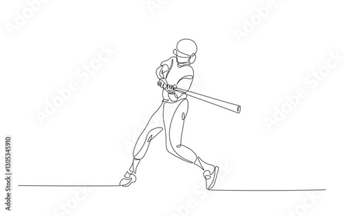 Continuous line drawing of baseball player hitting the ball. Baseball player in action simple outline illustration.