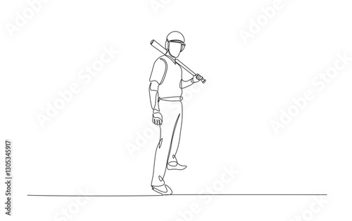 Continuous line drawing of baseball player hitting the ball. Baseball player in action simple outline illustration.