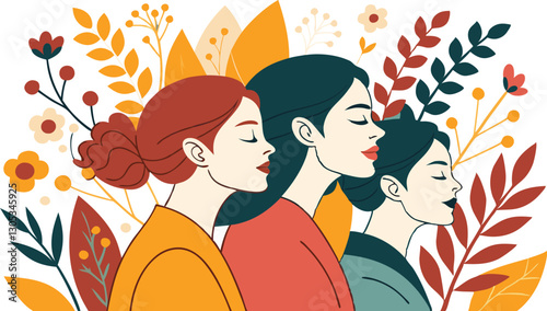 A diverse group of females portrayed with flowers in a paper cut-out style SVG . International Women's AI, Day, EPS, PNG, JPEG File.