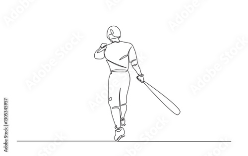 Continuous line drawing of baseball player hitting the ball. Baseball player in action simple outline illustration.