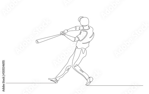 Continuous line drawing of baseball player hitting the ball. Baseball player in action simple outline illustration.