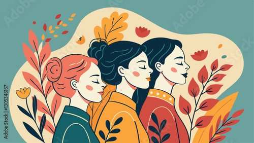 A diverse group of females portrayed with flowers in a paper cut-out style SVG . International Women's AI, Day, EPS, PNG, JPEG File.