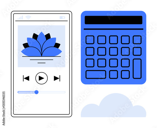 Mobile media player with floral design, playback controls, a calculator with large buttons, and a cloud icon. Ideal for productivity, education, finance, relaxation, minimalism technology flat