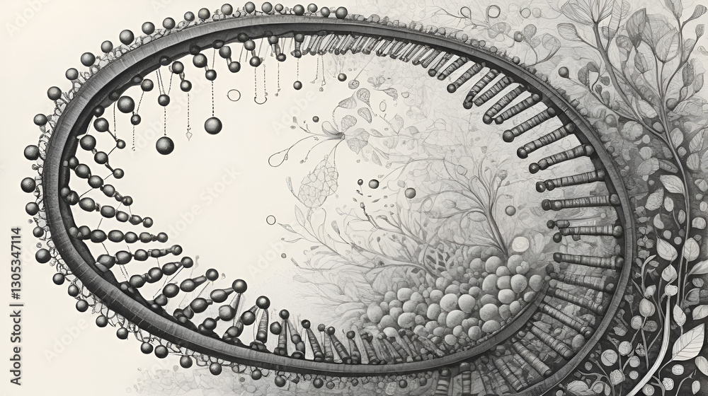 Fototapeta premium An innovative ink drawing illustrating the concept of epigenetics with environmental themes and a focus on DNA structure and dynamics