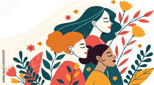 A diverse group of females portrayed with flowers in a paper cut-out style SVG . International Women's AI, Day, EPS, PNG, JPEG File.