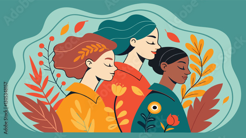 A diverse group of females portrayed with flowers in a paper cut-out style SVG . International Women's AI, Day, EPS, PNG, JPEG File.
