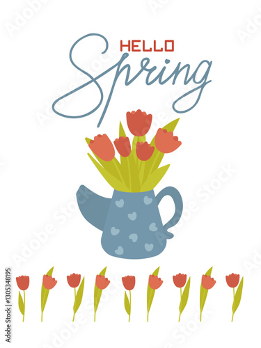 Spring card with flowers in a jug and text Hello Spring .