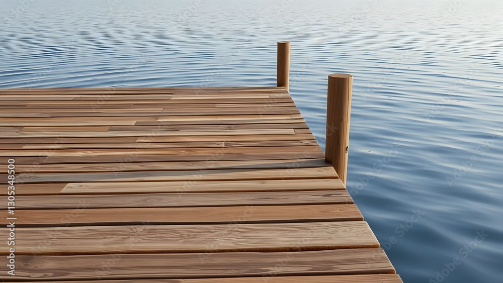 Obraz premium A serene wooden dock extending over calm water, creating a peaceful atmosphere perfect for relaxation and enjoying nature's beauty. 