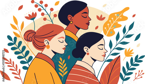 A diverse group of females portrayed with flowers in a paper cut-out style SVG . International Women's AI, Day, EPS, PNG, JPEG File.