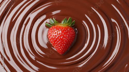 Strawberry dipping in swirling dark chocolate sauce. Dessert, sweet treat for Valentine, food background
