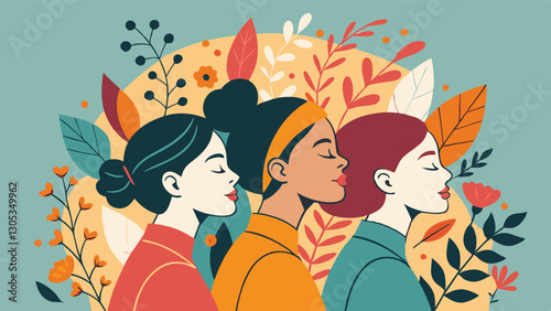 A diverse group of females portrayed with flowers in a paper cut-out style SVG . International Women's AI, Day, EPS, PNG, JPEG File.
