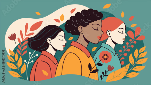 A diverse group of females portrayed with flowers in a paper cut-out style SVG . International Women's AI, Day, EPS, PNG, JPEG File.