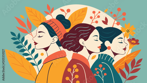 A diverse group of females portrayed with flowers in a paper cut-out style SVG . International Women's AI, Day, EPS, PNG, JPEG File.