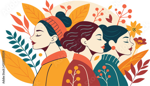 A diverse group of females portrayed with flowers in a paper cut-out style SVG . International Women's AI, Day, EPS, PNG, JPEG File.