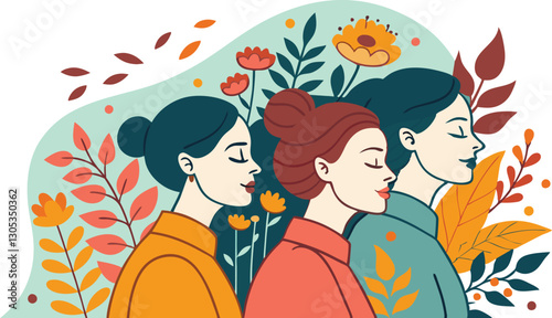 A diverse group of females portrayed with flowers in a paper cut-out style SVG . International Women's AI, Day, EPS, PNG, JPEG File.