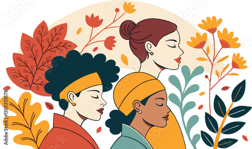 A diverse group of females portrayed with flowers in a paper cut-out style SVG . International Women's AI, Day, EPS, PNG, JPEG File.