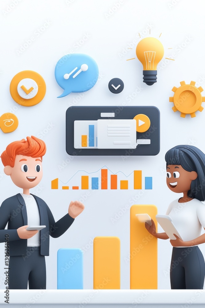 Collaborative business meeting with 3D characters and graphical analysis elements Collaborative business meeting with 3D characters and graphical analysis elements