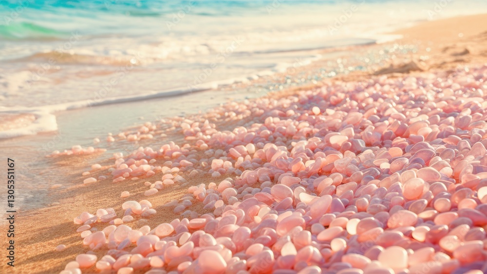Photo of the beach, with glass pebbles. The harmonious pastel color scheme perfectly combines with the delicate golden sand and soothing turquoise waves. Photo of the beach, with glass pebbles. The harmonious pastel color scheme perfectly combines with the delicate golden sand and soothing turquoise waves.