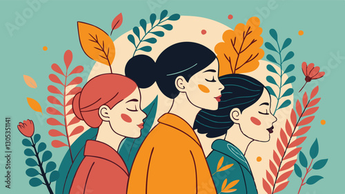 A diverse group of females portrayed with flowers in a paper cut-out style SVG . International Women's AI, Day, EPS, PNG, JPEG File.