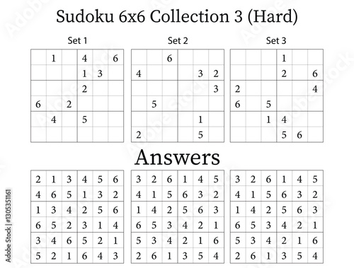 Sudoku Puzzle 6x6 Collection 3 Hard with Answers, Fun Brain Training Game for Kids, Teens and Adults, Vector	