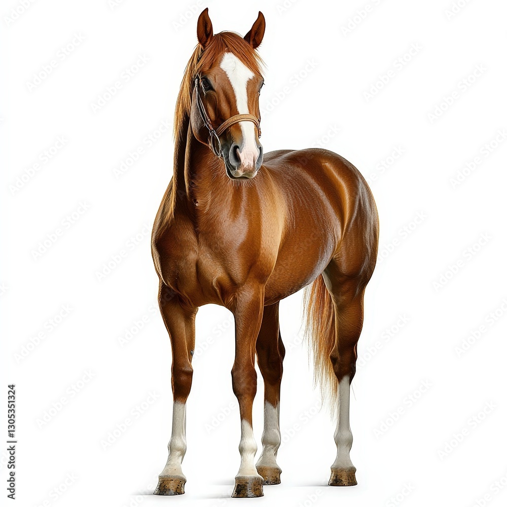 Obraz premium Majestic Chestnut Stallion Portrait: Powerful, Agile Racehorse in Sunny Grassland - Animal Photography. White background with clipping path 