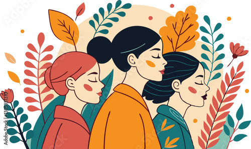 A diverse group of females portrayed with flowers in a paper cut-out style SVG . International Women's AI, Day, EPS, PNG, JPEG File.