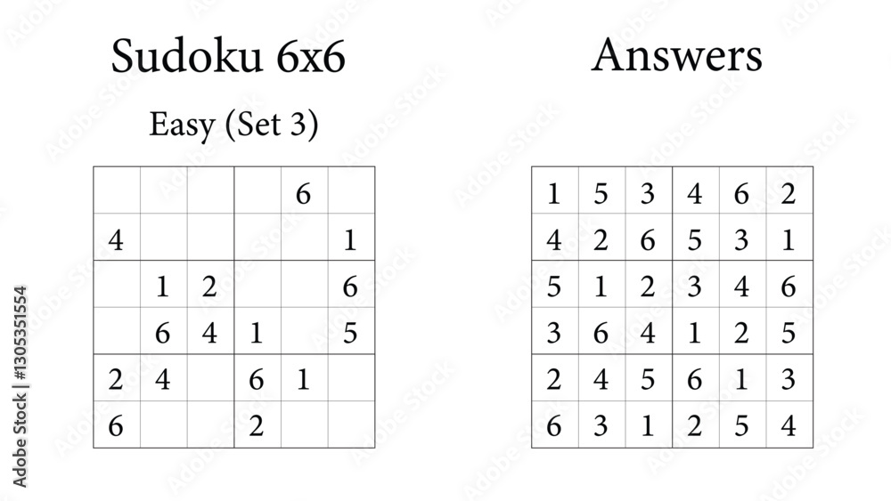 Sudoku Puzzle 6x6 Easy Set 3 with Answers, Fun Brain Training Game for Kids, Teens and Adults, Vector Sudoku Puzzle 6x6 Easy Set 3 with Answers, Fun Brain Training Game for Kids, Teens and Adults, Vector