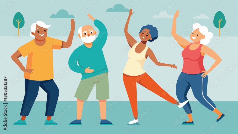 The upbeat music and encouraging instructor provide a motivating atmosphere for seniors to stay active and improve their strength and flexibility at the community centers aerobics. Vector illustration The upbeat music and encouraging instructor provide a motivating atmosphere for seniors to stay active and improve their strength and flexibility at the community centers aerobics. Vector illustration
