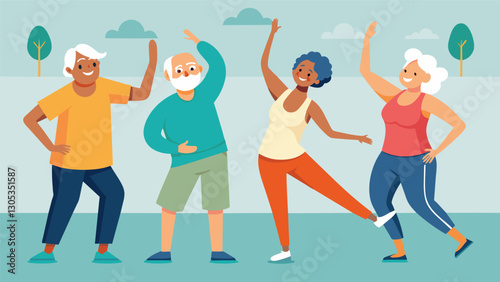 The upbeat music and encouraging instructor provide a motivating atmosphere for seniors to stay active and improve their strength and flexibility at the community centers aerobics. Vector illustration