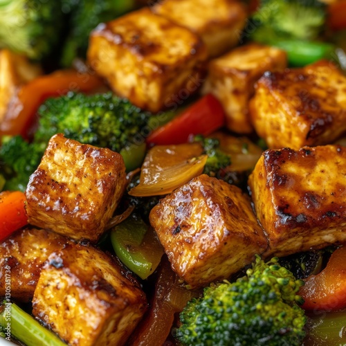 Close up of Glossy Brown Tofu Cubes with Green Broccoli and Orange Bell Peppers in a Savory Stir fry