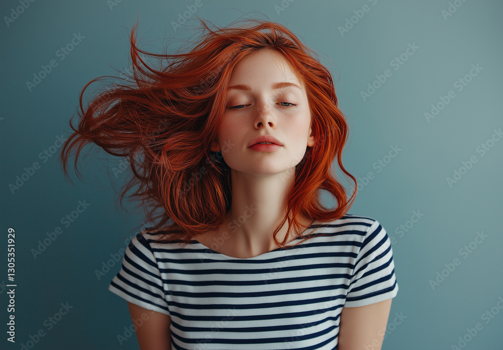 Close-up portrait of a girl with natural copper-red wavy hair, styled without bangs, wearing a striped white and black T-shirt, gazing at the camera with soft studio lighting and a gradient background Close-up portrait of a girl with natural copper-red wavy hair, styled without bangs, wearing a striped white and black T-shirt, gazing at the camera with soft studio lighting and a gradient background