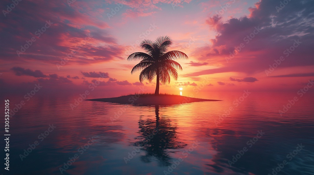 Fototapeta premium Sunset Palm Island Paradise Idyllic Ocean Escape