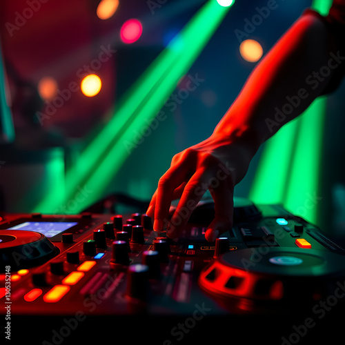 DJ hand tweaking knobs on mixer mixing music in clubbing scene closeup.