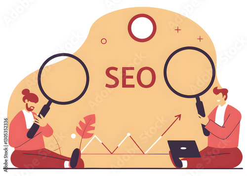 seo search engine optimization for website to show in search result page concept professional people holding magnifying glass mouse pointer or using laptop sit on analytics graph on the word seo. photo