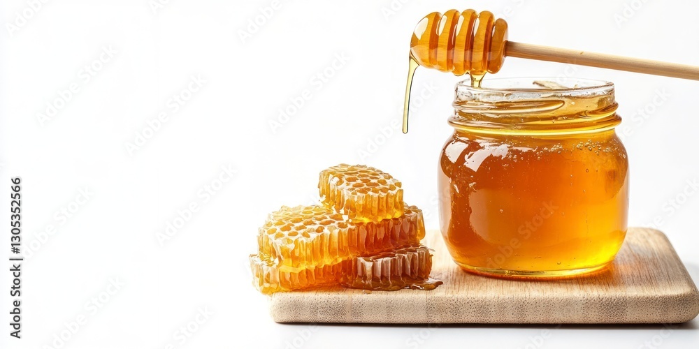 Golden Honeycomb with Honey Jar and Dipper on Wooden Board Golden Honeycomb with Honey Jar and Dipper on Wooden Board