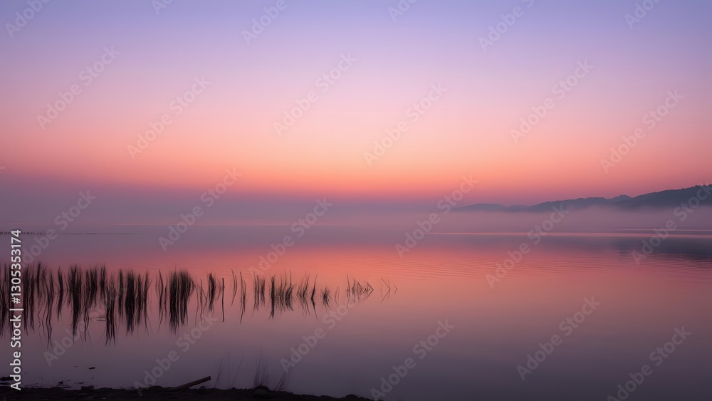 custom made wallpaper toronto digitalA serene lake at sunset, featuring a tranquil reflection of colorful skies and mist, framed by gentle reeds along the water's edge.   