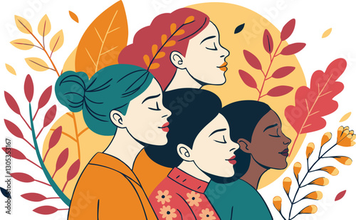 A diverse group of females portrayed with flowers in a paper cut-out style SVG . International Women's AI, Day, EPS, PNG, JPEG File.