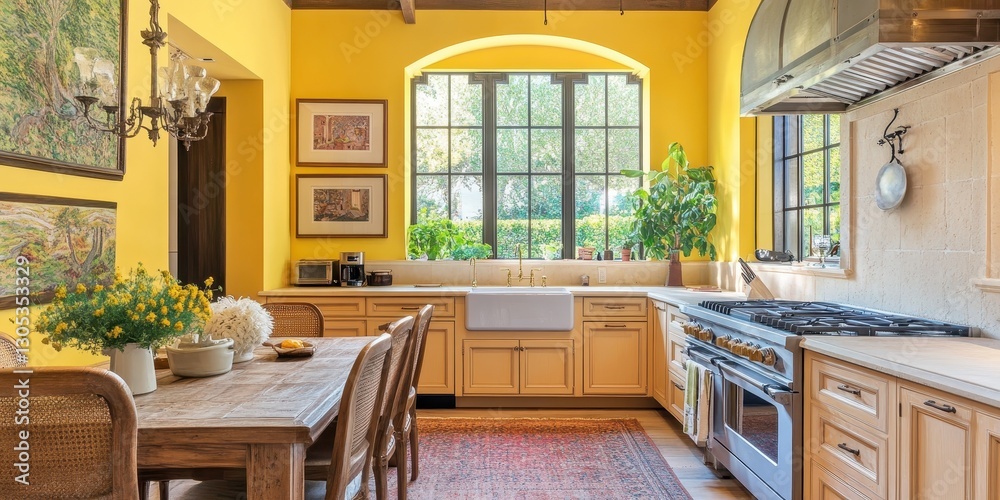 Fototapeta premium A beautifully designed kitchen features warm color walls and cabinetry