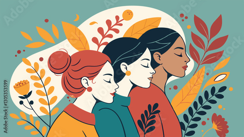 A diverse group of females portrayed with flowers in a paper cut-out style SVG . International Women's AI, Day, EPS, PNG, JPEG File.