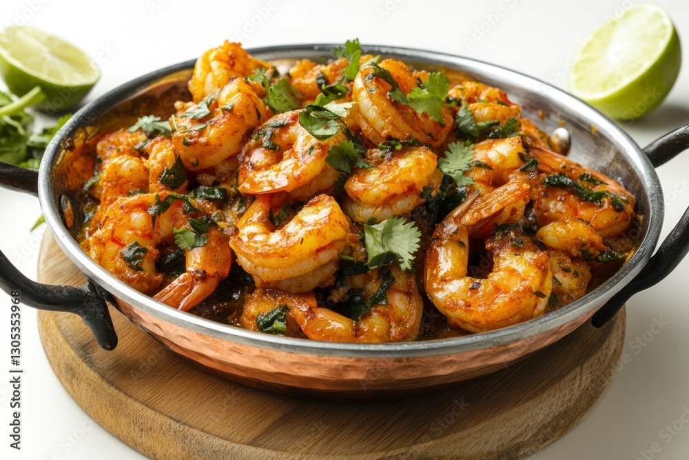 Serving of Shrimp Curry Dish with Cilantro and Lime Wedges Serving of Shrimp Curry Dish with Cilantro and Lime Wedges